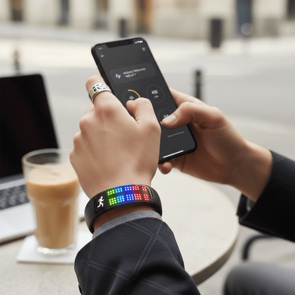 Bracelet connecté LED de test-high tech affichant notifications, suivi d'activité et sommeil pour iOS et Android.