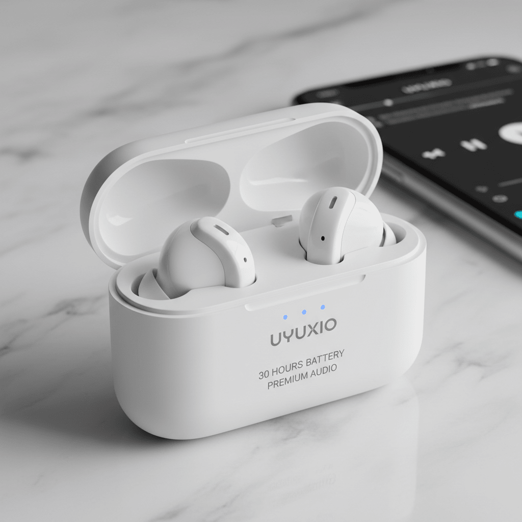 Écouteurs Bluetooth UYUXIO de test-high tech avec réduction de bruit, micro, et 30h d'autonomie visibles dans l’image.