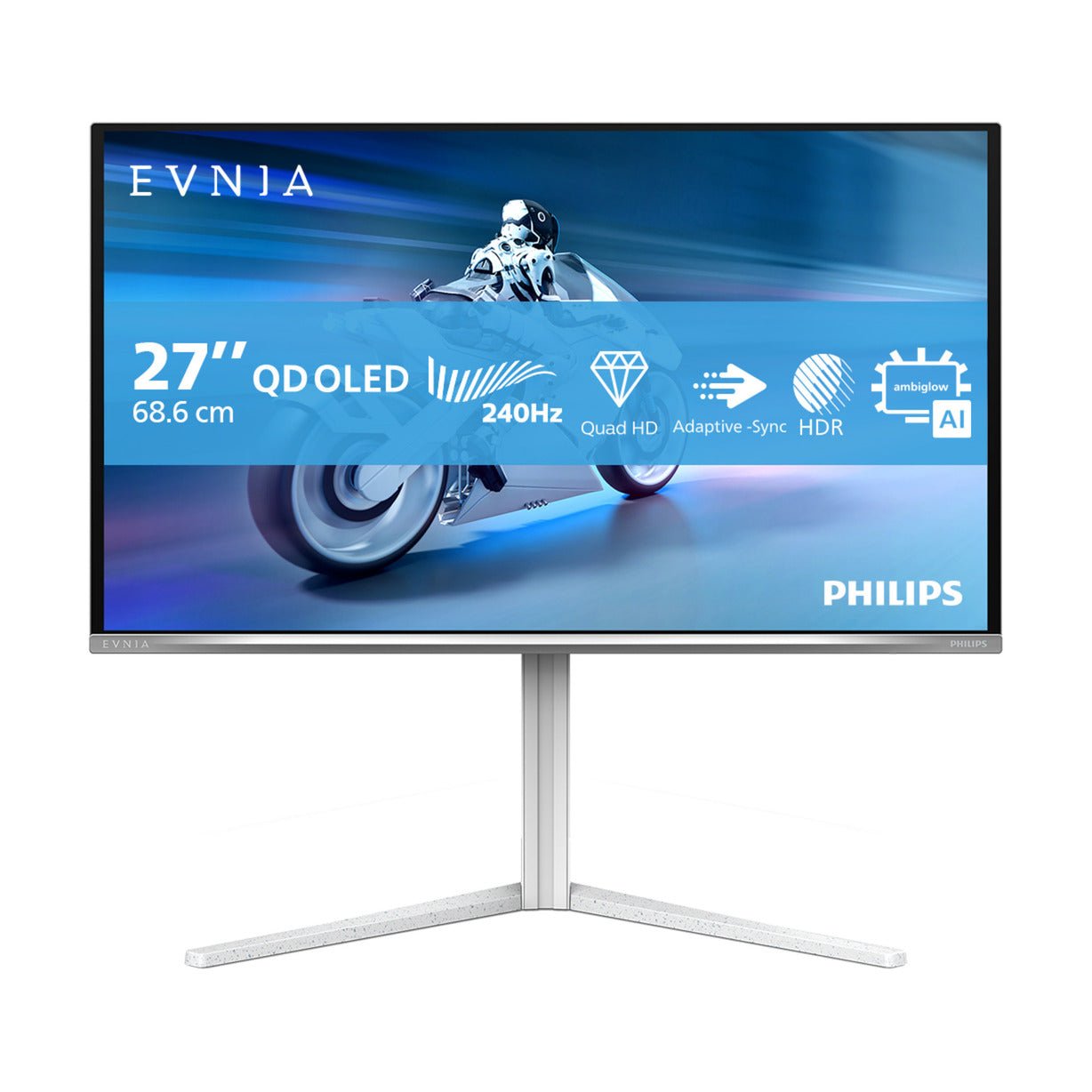Moniteur gaming Philips Evnia 6000 27" QD-OLED blanc avec 240Hz, ports HDMI, DisplayPort et USB pour ordinateur.