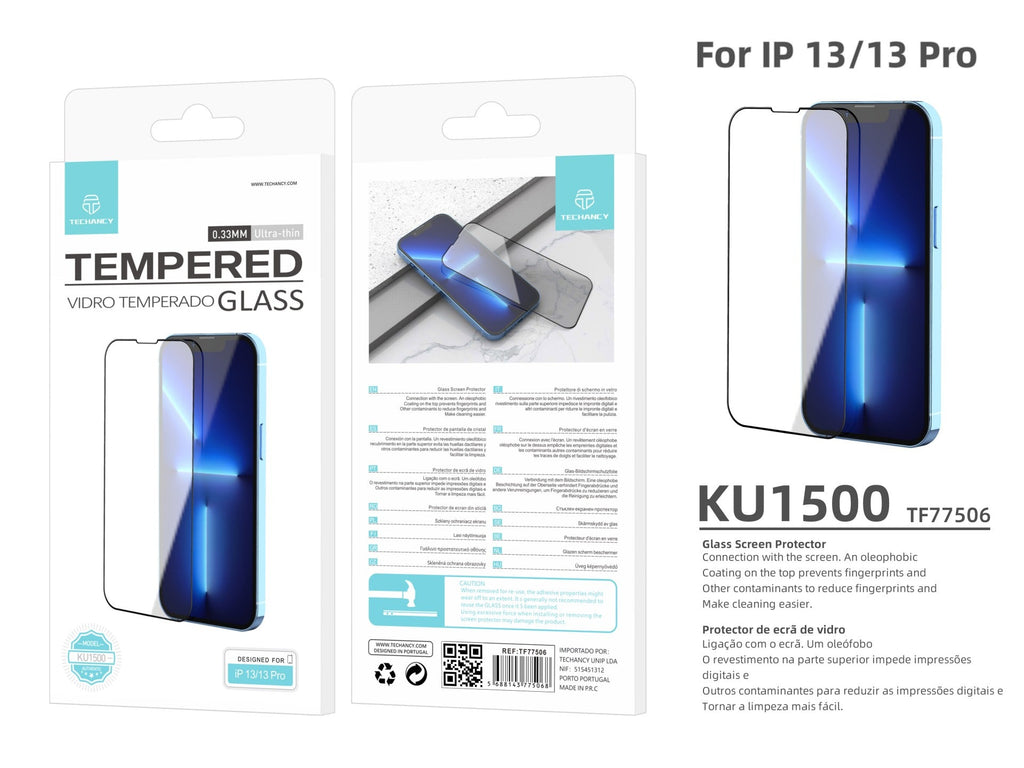 Protection d'écran en verre trempé Techancy KU1500 pour iPhone 12/12 Pro, film de 0,33 mm, compatible avec smartphone.
