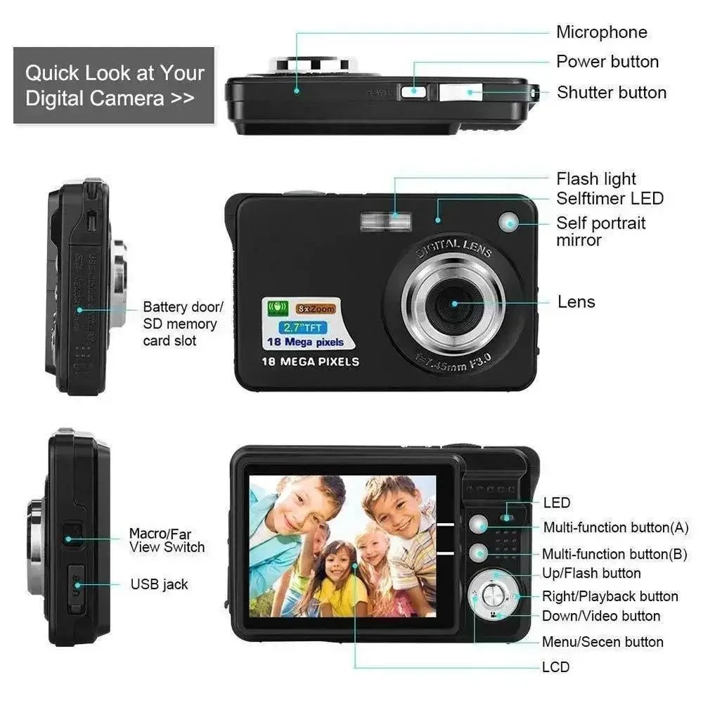 Appareil photo numérique CAN HD 18MP rechargeable, zoom optique, anti-secousses, en noir, pour photos haute résolution.