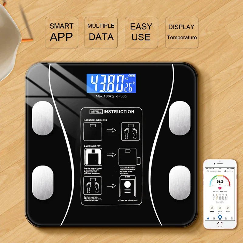 Balance connectée Bluetooth CAN, pèse-personne noir avec affichage numérique, analyse corporelle complète jusqu'à 180 kg