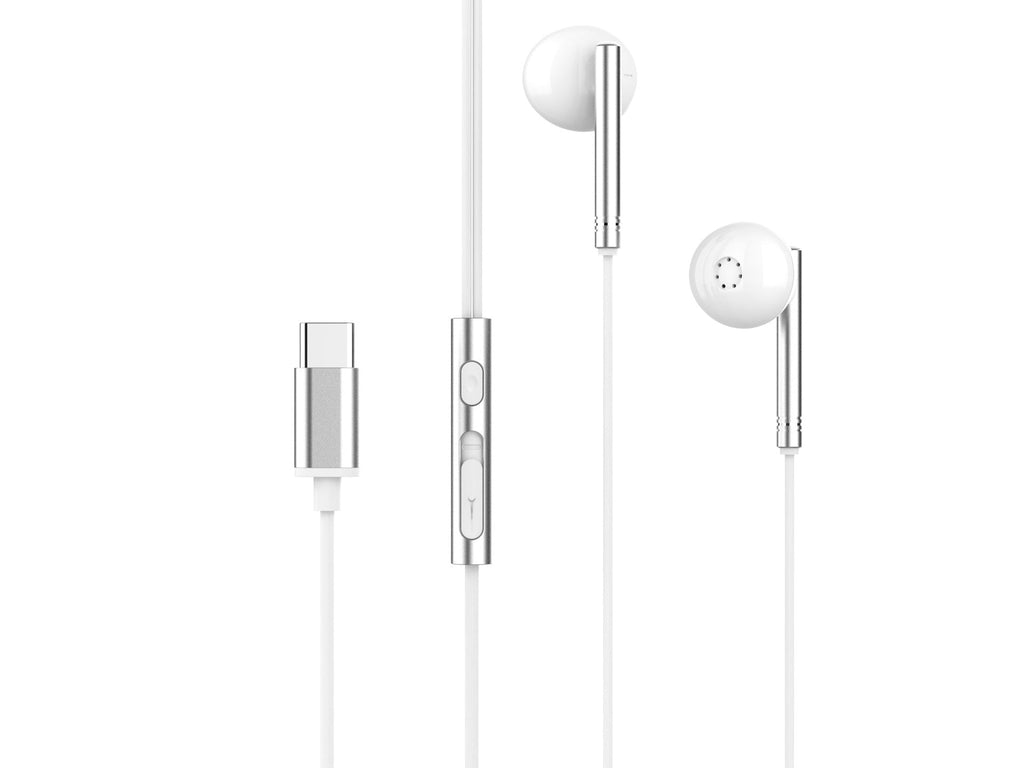 Écouteurs stéréo Techancy en métal blanc avec port USB Type-C, compatibles Samsung, Huawei et Xiaomi, visibles à l'écran.