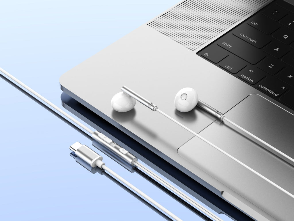 Écouteurs stéréo Techancy en métal blanc avec connecteur USB-C, compatibles Samsung, Huawei, Xiaomi, visibles dans l'image.